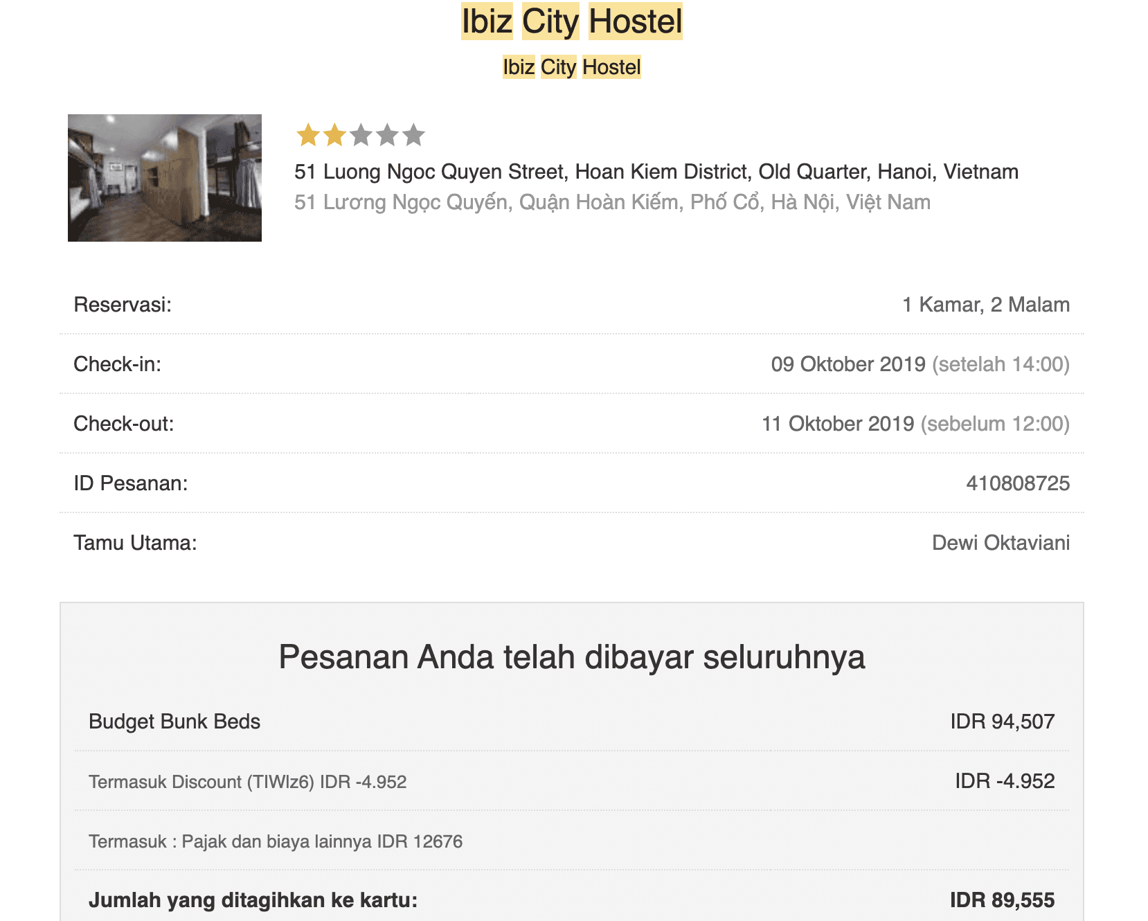 Biaya Reservasi Ibiz City Hostel Hanoi lewat Agoda