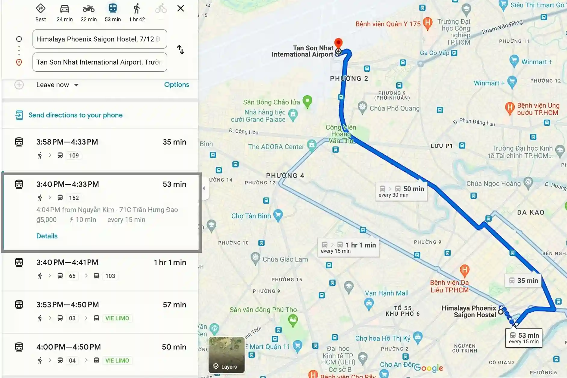 peta rute dari pusat kota ke bandara ho chi minh bus 152